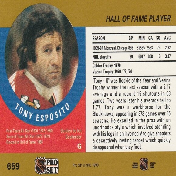 Tony Esposito - 1990 Pro Set Hall Of Fame Series Hockey Card - Picture 2 of 2